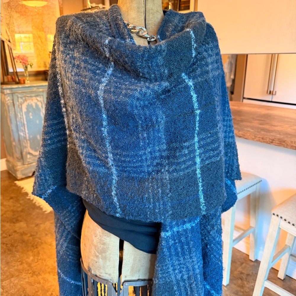 Fringed Blue Plaid Shawl Wrap